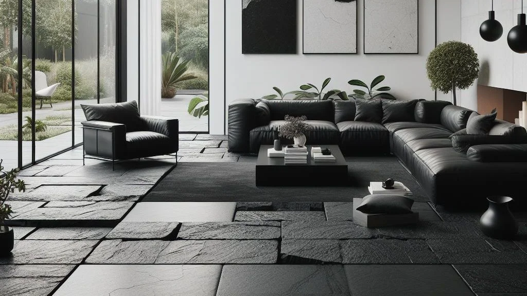 A living room with black theme with basalt flooring.