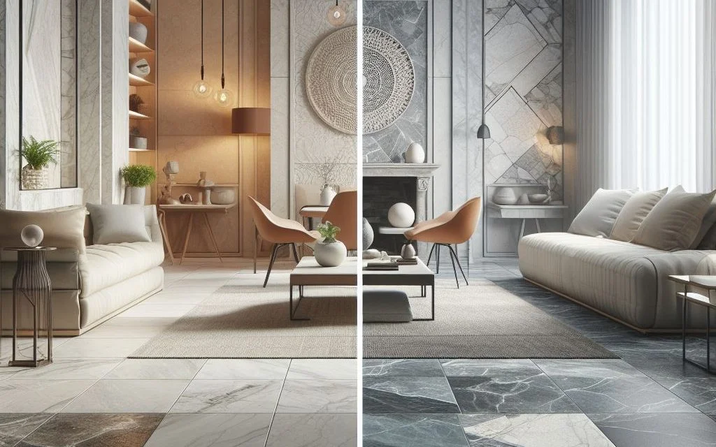 Representing contrasting interior design styles – one with rustic and organic natural stone flooring and another with a modern and sleek ceramic tile design